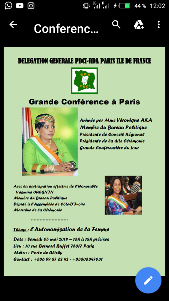 Indépendance de la femme-Le PDCI Paris Ile de France organise une conférence