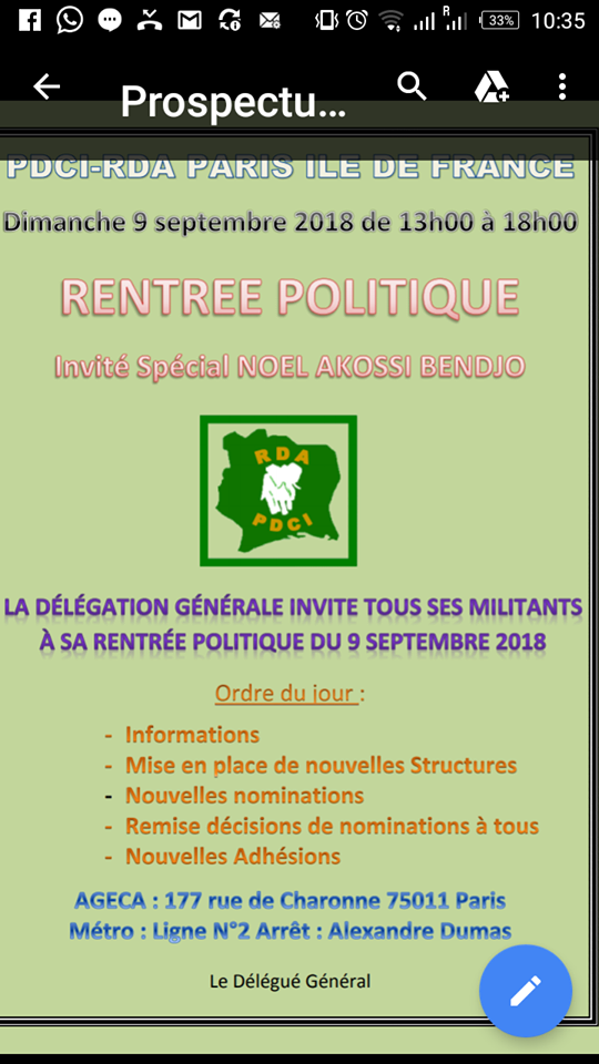 PARIS/ P.D.C.I   ILE DE FRANCE  ( rentrée politique  dimanche 9 septembre  de 13h 00 a 18h00) invité  spécial Noël Bendjo