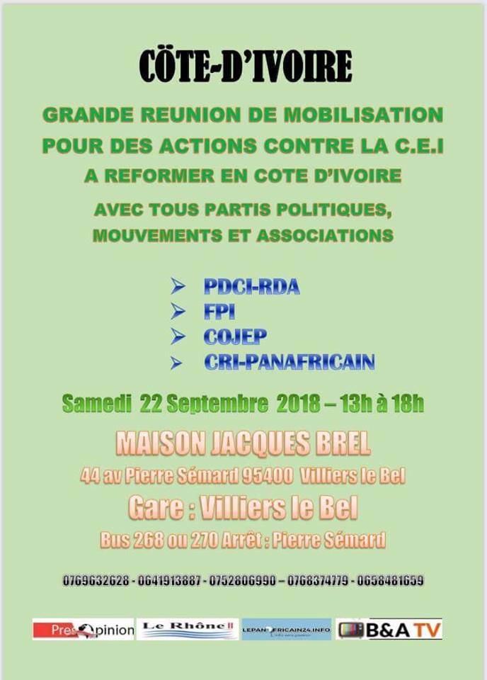 Paris/pdci: Grande réunion de mobilisation pour les actions contre la ( C.E.I) samedi  22 septembre 2018.