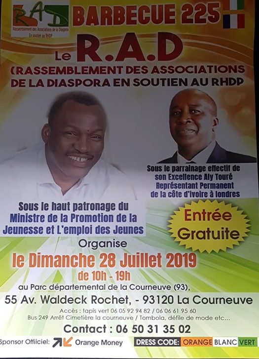 LE R.A.D (rassemblement des associations de la diaspora en  soutien au rhdp . (le dim 28 juillet 2019.)